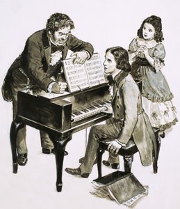 Musiklehrer Friedrich Wieck schreit Robert Schumann an, während seine Tochter Clara Wieck zusieht von English School