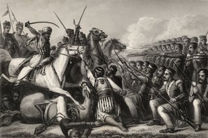 Meuternde Kavallerie greift ein Infanteriequadrat in der Schlacht von Cawnpore 1857 an, aus 