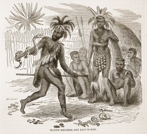 Einheimischer Zauberer und Regenmacher, Illustration aus der Bildausgabe des Lebens und der Entdeckungen von David Livingstone von J. Ewing Richie, veröffentlicht von A. Fullarton & Co., 1876