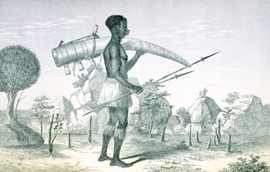 Einheimischer trägt einen verzierten Elfenbeinstoßzahn, aus Die Seenregionen Zentralafrikas, von Richard F. Burton (1821-90), 1860