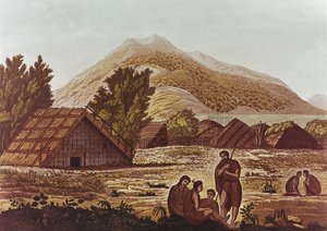 Eingeborene, mit Hütten und Bergen im Hintergrund, graviert von F. Fumagalli
