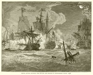 Seeschlacht zwischen den Briten und Franzosen in den Gewässern von Pondicherry, 1758 von English School