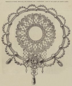 Halskette aus Perlen, Smaragden und Diamanten und ein Cachepeigne, Geschenke der Königin und Prinz Albert (Gravur) von English School
