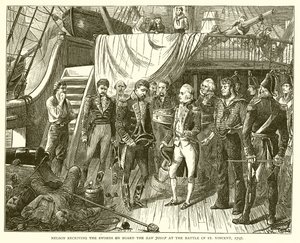 Nelson empfängt die Schwerter an Bord der San Josef in der Schlacht von St. Vincent, 1797