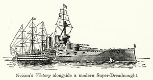 Nelsons Victory neben einem modernen Super-Dreadnought von English School