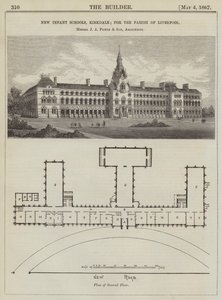 Neue Vorschulen, Kirkdale; für die Gemeinde Liverpool, Messrs J. A. Picton und Sohn, Architekten (Gravur) von English School