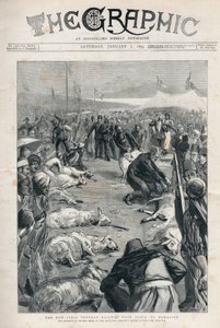 Neue syrische osmanische Eisenbahn von Haifa nach Damaskus - das Opfer von fünfzehn Schafen bei der Eröffnungszeremonie vor dem ersten Spatenstich - Titelseite der Zeitung „The Graphic“ vom 3. Januar