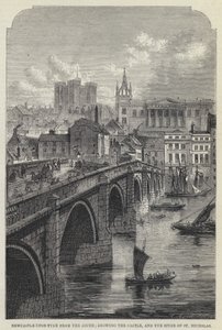 Newcastle-upon-Tyne von Süden, mit Blick auf das Schloss und den Turm von St. Nicholas (Gravur) von English School