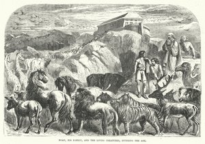 Noah, seine Familie und die Lebewesen betreten die Arche (Gravur) von English School