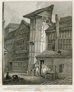 Nordostansicht eines alten Hauses, das kürzlich in Sweedons Passage, Grub Street, stand von English School