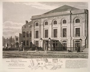 Nordostansicht des Surrey Theaters, ehemals The Royal Circus in der Nähe des Obelisken, Great Surrey Street, 1814 von English School