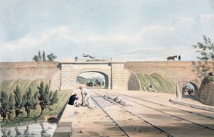 North Midland Linie unter dem Cromford-Kanal bei Bull Bridge, veröffentlicht von Day und Haghe