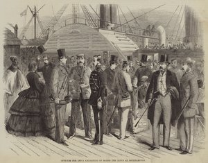 Offiziere für Indien, die an Bord der Indus in Southampton einschiffen (Stich) von English School