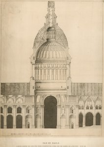 Alte St. Pauls Kathedrale; ein Querschnitt zeigt den Chor mit Sir Christopher Wrens Vorschlag für eine Kuppel von English School