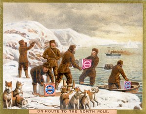 Auf dem Weg zum Nordpol, eine Werbekarte für Huntley & Palmers Biscuits, ca. 1890