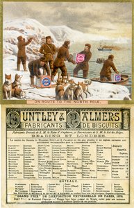 Auf dem Weg zum Nordpol, Vorder- und Rückseite einer Werbekarte für Huntley & Palmers Biscuits, produziert für den französischen Markt, 1890 von English School