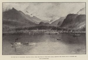 Auf dem Weg nach Klondike, Skagway Town, vom Kopf des Lynn Canal, zeigt den White Pass im Oktober 1897 (Lithografie) von English School