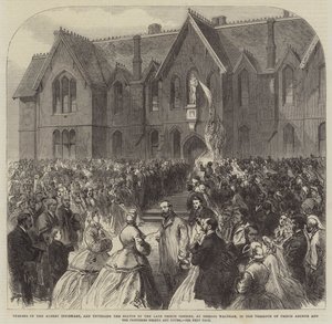 Eröffnung des Albert-Krankenhauses und Enthüllung der Statue des verstorbenen Prinzgemahls in Bishops Waltham, in Anwesenheit von Prinz Arthur und den Prinzessinnen Helena und Louisa (Gravur) von English School