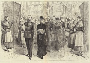 Eröffnung der Internationalen Fischereiausstellung, der königliche Umzug im Gebäude (Gravur) von English School