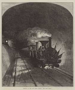 Eröffnung des Mont-Cenis-Tunnels, der erste Zug (Gravur) von English School