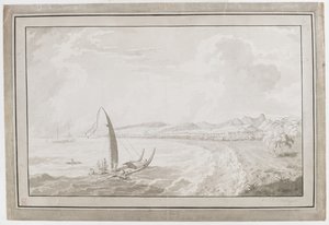 Otahete zeigt einen Blick aus dem Rücken von Point Venus in Richtung Pithas Long House von English School