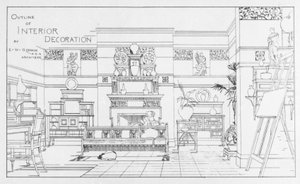 Entwurf für Innendekoration, Design von E. W. Godwin, Illustration aus The British Architect, 1. Juli 1881 von English School