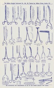 Seite aus einem Katalog für chirurgische Instrumente, ca. 1900 von English School