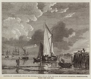 Gemälde von Vandevelde, eines der kürzlich aus der Sammlung des Earl of Suffolk, Charlton-House, Wilts, gestohlenen Bilder (Gravur) von English School
