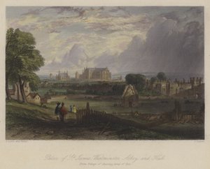 Palast von St. James, Westminster Abbey und Hall, London (farbiger Stich) von English School
