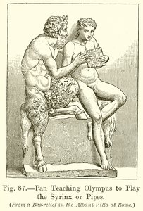 Pan lehrt Olympus, die Syrinx oder Pfeifen zu spielen