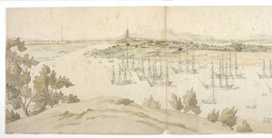 Panorama (linke Hälfte) von Whampoa von der Insel Dane, mit britischen und amerikanischen Schiffen im Ankerplatz von English School