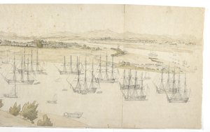 Panorama (rechte Hälfte) von Whampoa von der Dane Island, mit britischen und amerikanischen Schiffen im Ankerplatz von English School