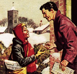 Zeitungsjunge erhält seine Weihnachtskiste von English School