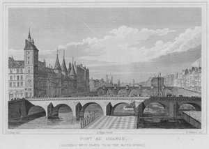 Paris, Pont Au Change, Blick nach Westen, vom Wasserwerk aus gesehen (Gravur) von English School