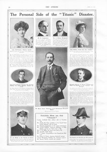 Passagiere auf der RMS Titanic, Fotografien und Informationen über bemerkenswerte Personen, die mit der Titanic verbunden sind, aus The Sphere, 27. April 1912