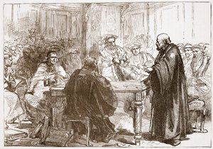 Pastor Olaf bei der Konferenz in Uppsala, Illustration aus The History of Protestantism von James Aitken Wylie, veröffentlicht 1878