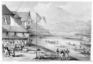 Pax Britannica erreicht ein Dorf in Borneo, Frontispiz zu Band 2 Narrative of Events in Borneo and Celebes, Down to the Occupation of Labuan von Rodney Mundy, 1848 von English School