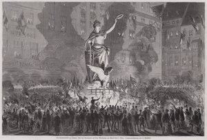 Friedensfeiern vor der Germania-Statue auf dem Marktplatz von Leipzig am Abend des 5. März 1870 von English School