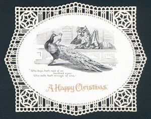 Pfau und Eule im Laden, Weihnachtskarte