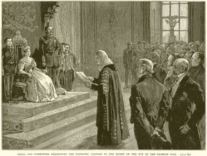 Peers und Gemeine überreichen der Königin die patriotische Adresse am Vorabend des Krimkrieges von English School