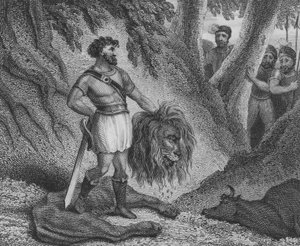 Pippin der Kurze, König der Franken, beweist, dass seine geringe Körpergröße kein Hindernis für seine Herrschaftsfähigkeit ist, indem er einen Löwen tötet von English School