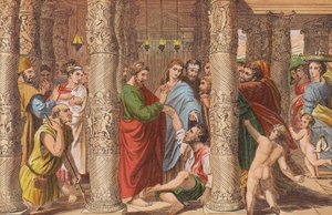 Petrus und Johannes heilen den Gelähmten (Farblithografie) von English School