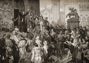 Peter der Einsiedler (1050-1115) predigt während des Ersten Kreuzzugs im Jahr 1095 von English School