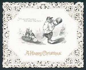 Schwein bläst Horn, Weihnachtskarte von English School