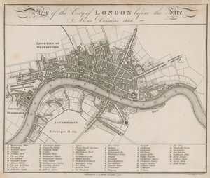 Plan der Stadt London vor dem Brand von 1666 von English School