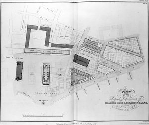 Plan der vorgeschlagenen Verbesserungen am Charing Cross, St. Martins Lane und Eingang zum Strand, graviert von James Basire, 1826 von English School