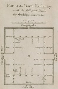 Plan der Royal Exchange mit den verschiedenen Wegen für Kaufleute, Händler usw. von English School