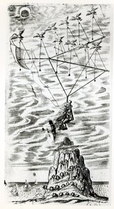 Flugzeug, Illustration aus dem Frontispiz von Der Mann im Mond oder eine Abhandlung über eine Reise dorthin von Domingo Gonsales, der schnelle Bote von Francis Godwin (1562-1633), posthum veröffentlicht
