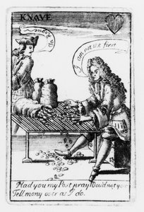 Spielkarten zur Erinnerung an den Spanischen Erbfolgekrieg, Herzfarbe, ca. 1707 (Detail) von English School