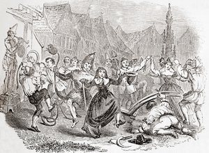 Plough Monday Feierlichkeiten, der Tanz von Bessie und dem Clown, aus "Old England: A Pictorial Museum", veröffentlicht 1847 von English School